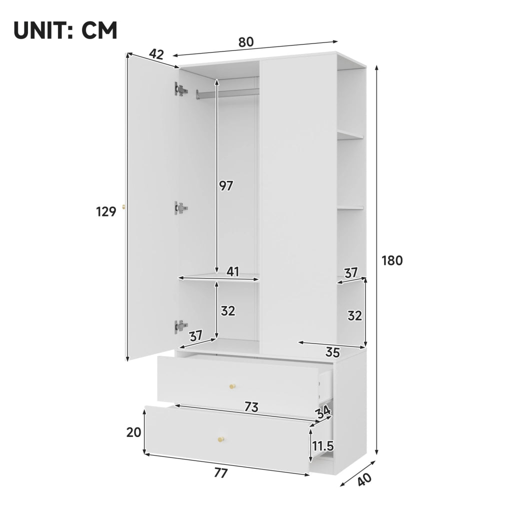 Armadio con specchio; 2 cassetti e 4 ripiani aperti; 80 x 40 x 180 cm; MDF bianco