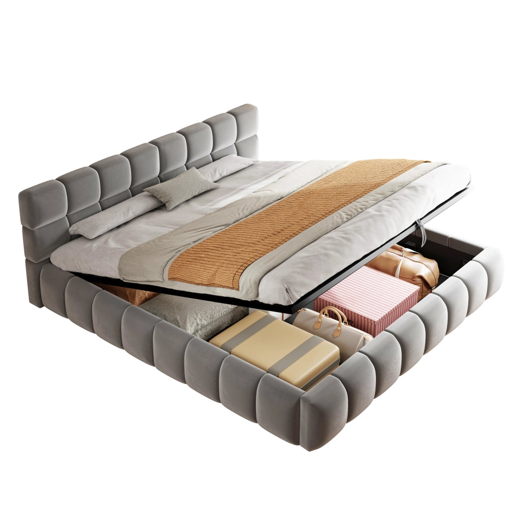 Letto matrimoniale 180 × 200 cm con contenitore idraulico e LED regolabile, senza materasso, in velluto grigio