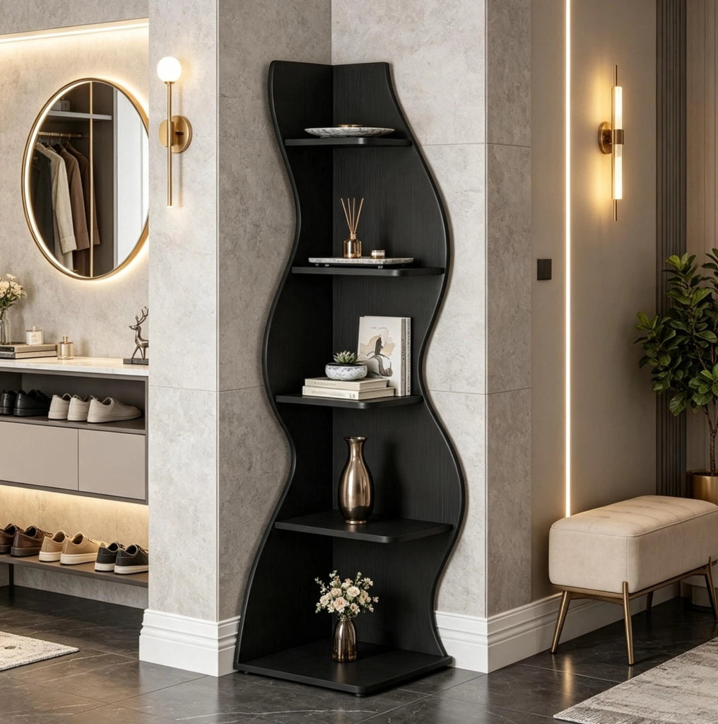 Scaffale angolare a 5 ripiani in materiale resistente con design in vimini, salvaspazio e versatile per casa e ufficio