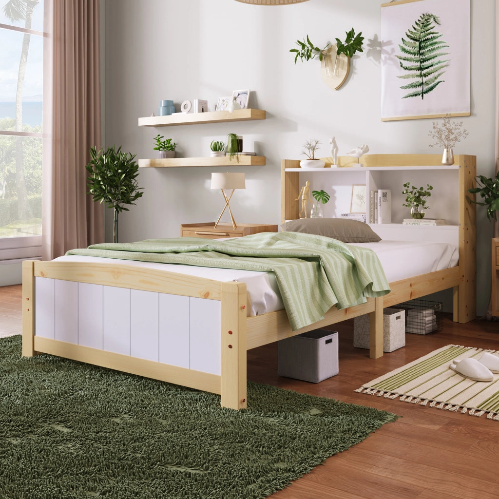 Letto singolo 90 × 200 cm con testiera contenitore e rete a doghe in legno bianco