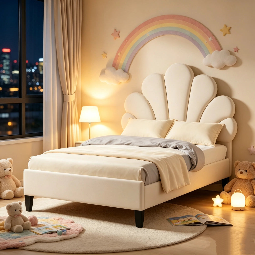 Letto Singolo per Bambini 90x200cm;Letto imbottito con Testiera Regolabile a Forma di Petalo;per Bambini; Adolescenti;Velluto Beige; senza Materasso