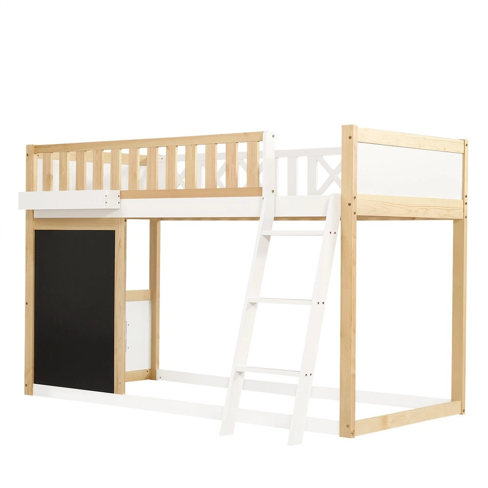 Letto a Soppalco per Bambini con Cassetti e Lavagnetta ¨C Xylo ¨C Pino e MDF, Bianco/Naturale, 90x200cm