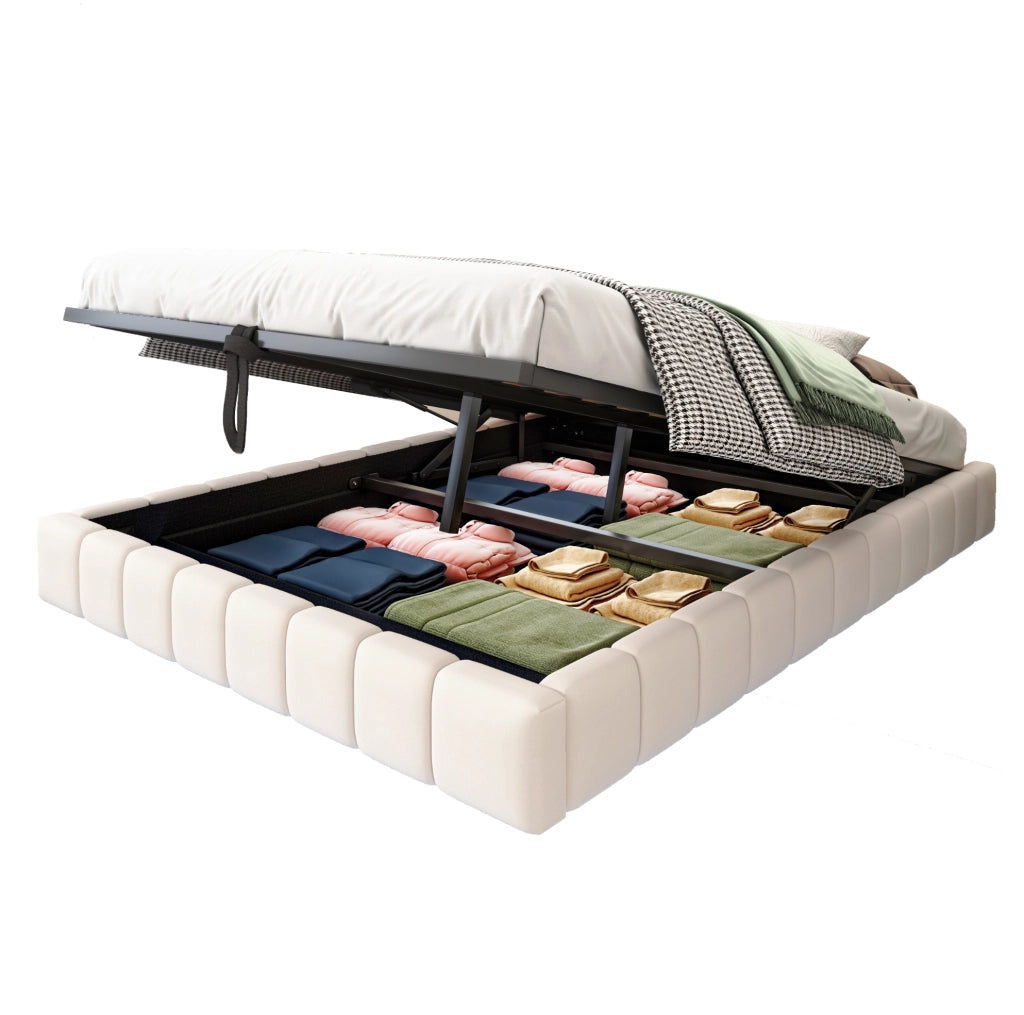 Letto imbottito sospeso con LED e contenitore, beige 140 x 200 cm