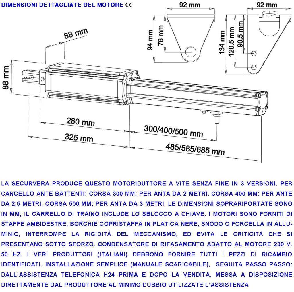 Motori Elettromeccanici 220 V Corsa 300 MM Spinta 2 Q.li Chiave di Sblocco sul Carrello di Traino 2 Condensatori 16 µF Kit Staffe Ricambio Per Cancello Automatico 2 Ante da 2 Metri Adatti per Elettronica BTF Came Serai Misure 810X88X88 mm