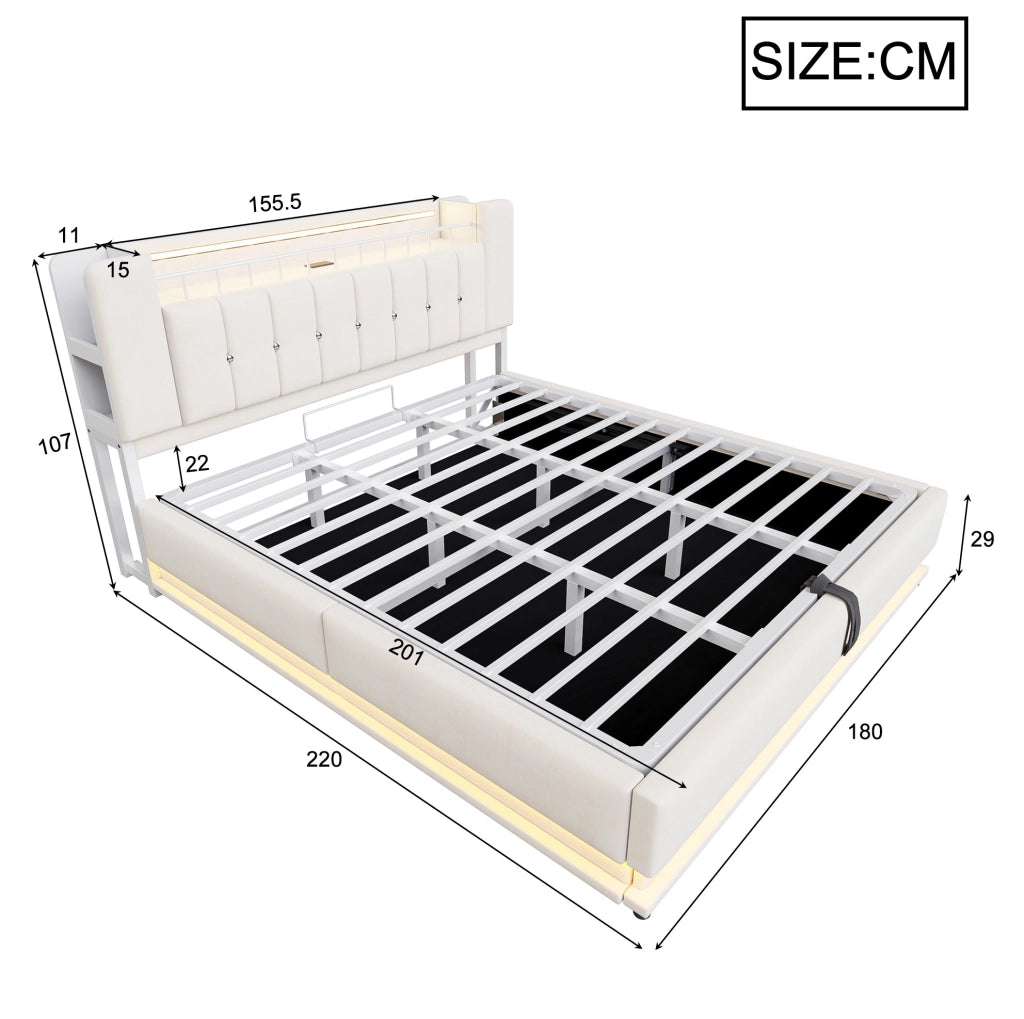 Letto imbottito 180x200 cm con illuminazione LED, porta USB e spazio contenitivo idraulico, rivestimento in morbido velluto beige, struttura in metallo