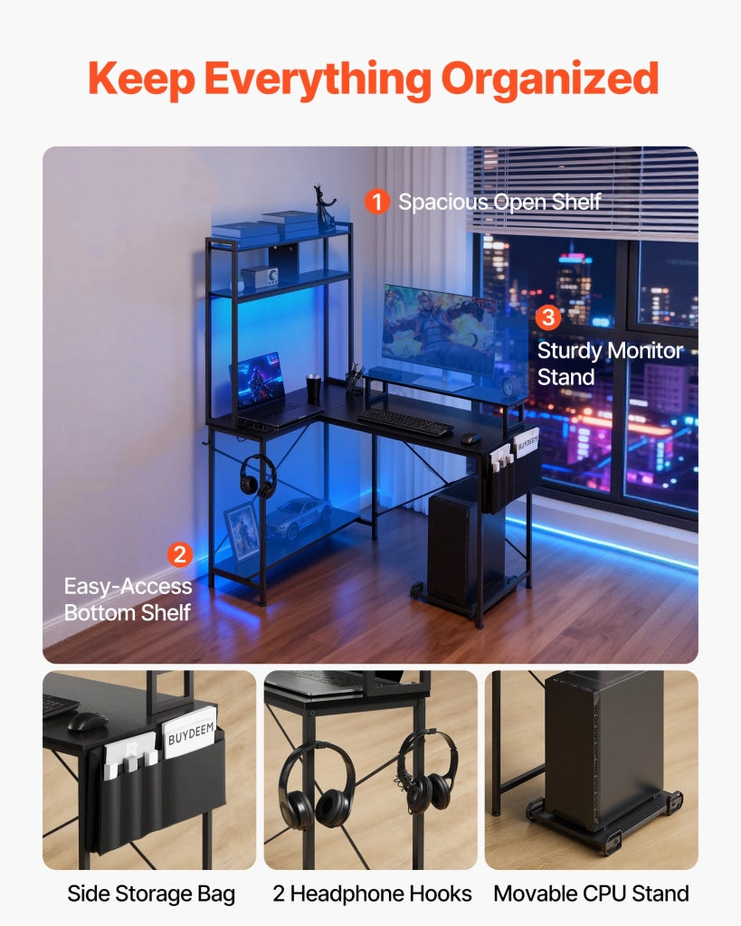 Scrivania Gaming Angolare a L Reversibile con Prese LED Ripiani e Supporto CPU Tavolo per Computer Ufficio 1200x900x1600 mm