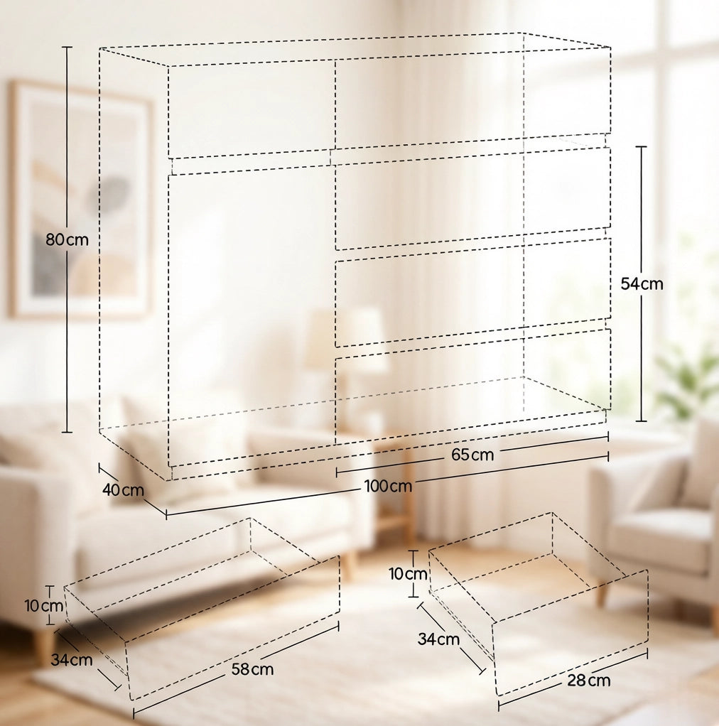 Mobile contenitore bianco moderno con 5 cassetti e armadio, 100x40x80 cm
