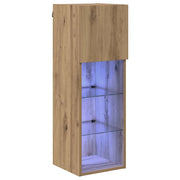 Mobile TV rettangolare a parete con luci a LED e sportello di accesso a cerniera 30,5 x 30 x 90 cm realizzato in legno di rovere composito finitura artigianale 02_0052812