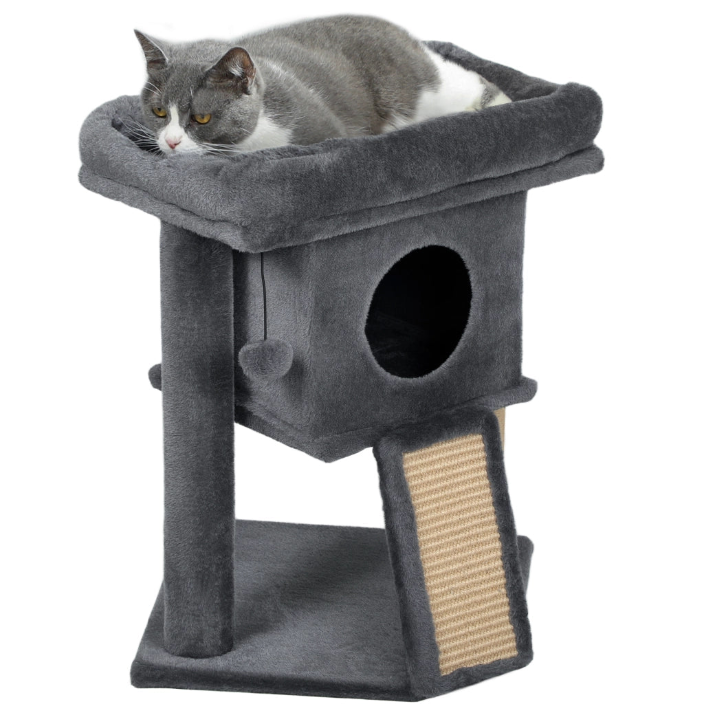 Albero tiragraffi per gatti beige con casetta, tappetino in iuta e gioco a sfera, robusto e compatto per casa, 40 x 40 x 57 cm