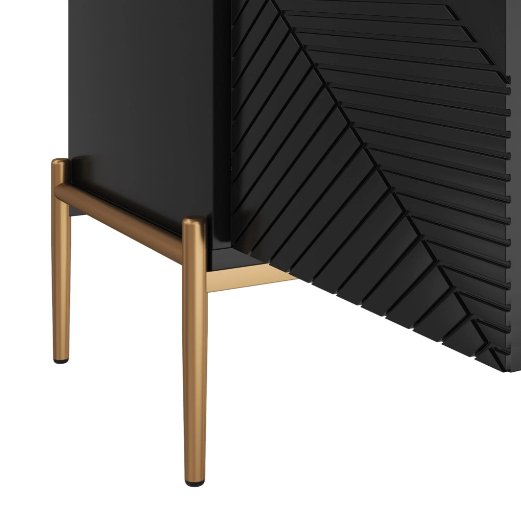 Sideboard moderno in nero con motivi geometrici, 162x40x80 cm, struttura in PB e MDF, gambe in metallo