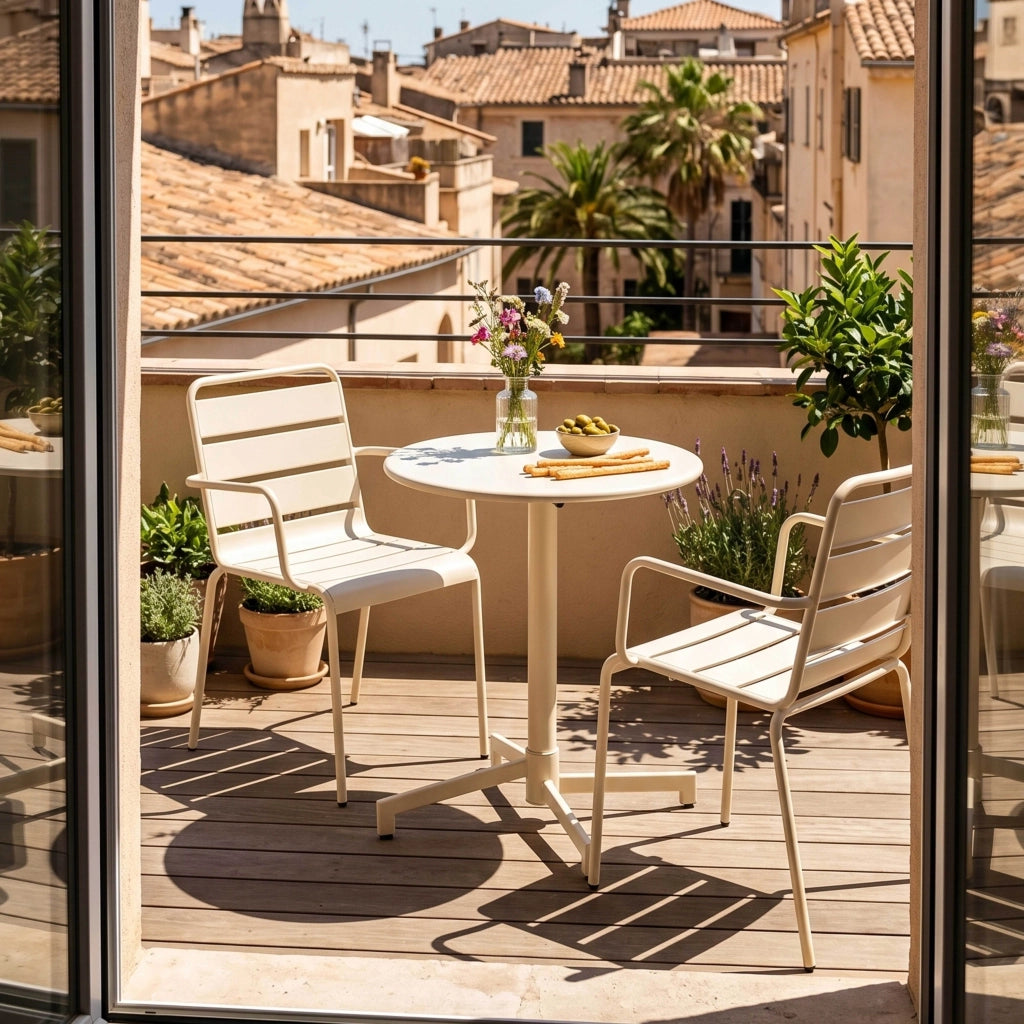 Oviala - Set tavolo da giardino e 2 poltrone in metallo avorio