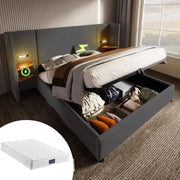 Letto matrimoniale 160x200 con struttura in metallo e legno massiccio, testiera con lampada da lettura e funzione di ricarica USB Type-C, grigio, con rete a doghe