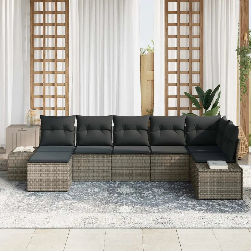 Set Divano da Giardino con cuscino 7 pcs Grigio Poly Rattan