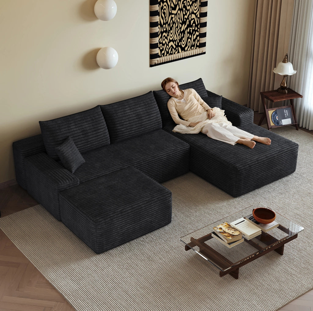 Divano modulare angolare da 270 cm con chaise longue a L in velluto a coste nero, senza montaggio