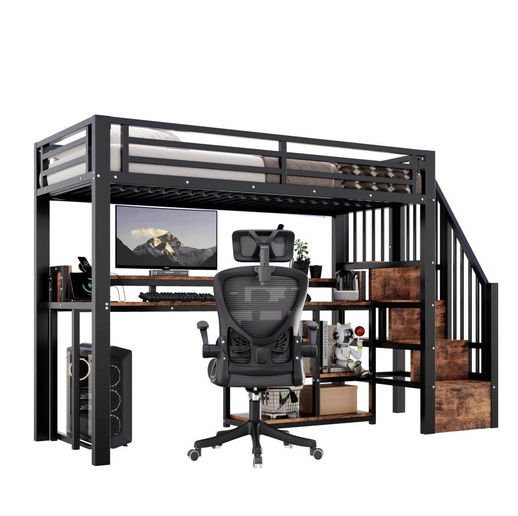 Letto a soppalco 90 x 200 cm nero con armadio scala, LED, USB e Type-C