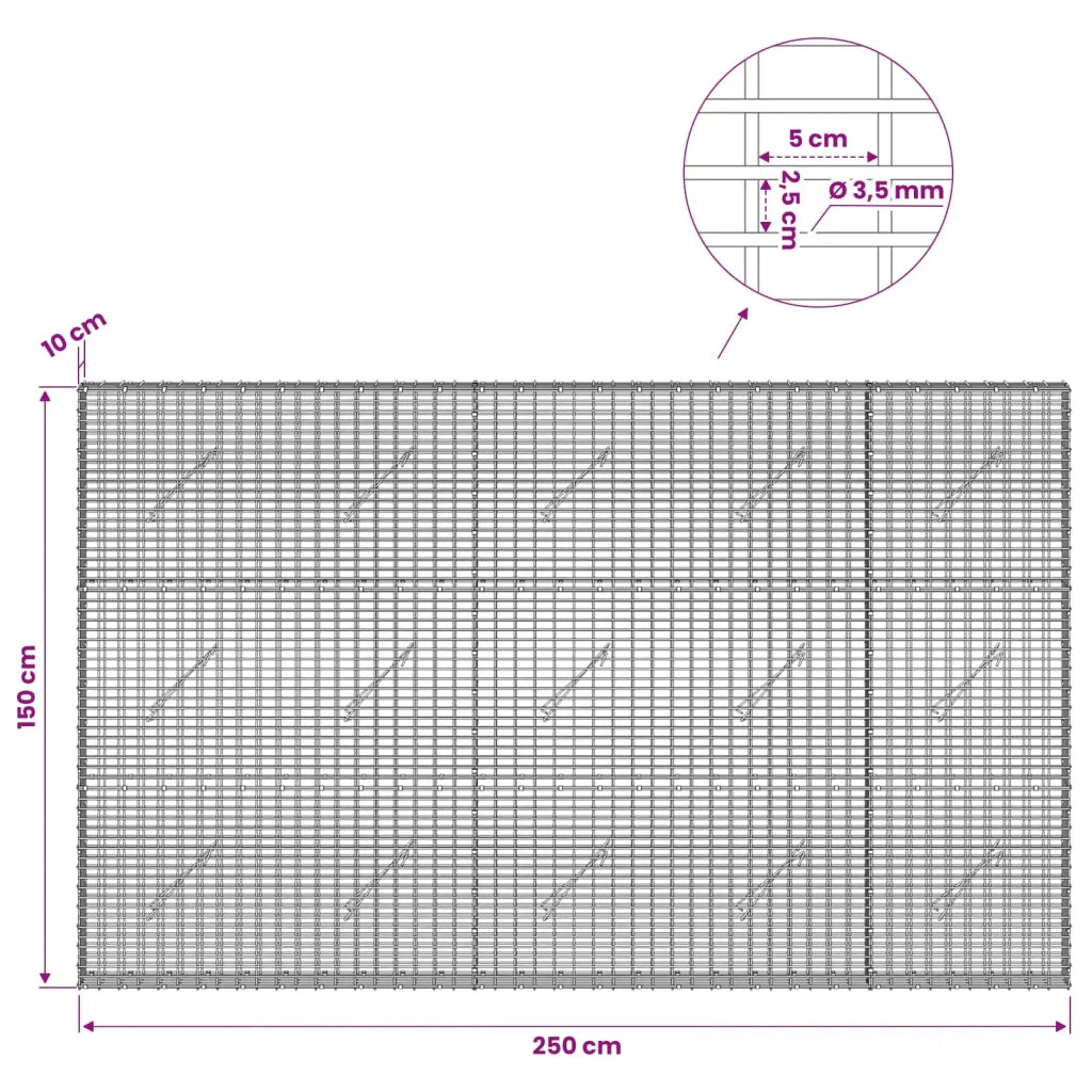Gabione con Filo da 3,5 mm e Rete da 5x2,5 cm 250x10x150 cm 3461591