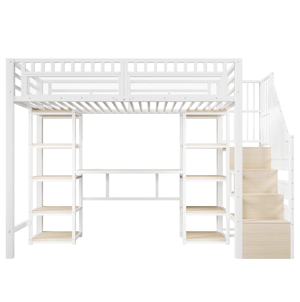 Letto a soppalco 90x200 cm con scrivania, LED, USB e scala contenitore in metallo e MDF bianco