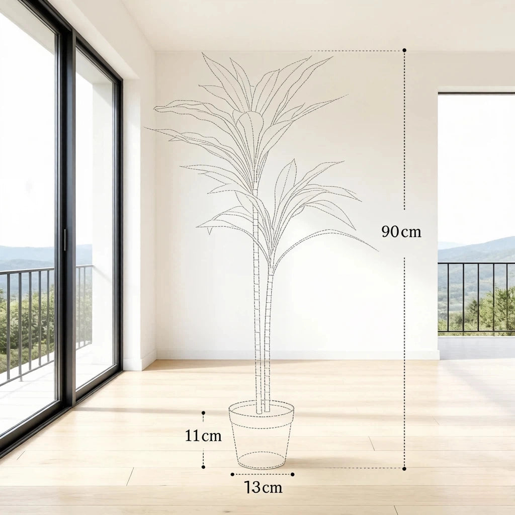 Pianta artificiale di cordyline 90 cm con 29 foglie in PEVA e vaso interno cementato verde per casa e ufficio