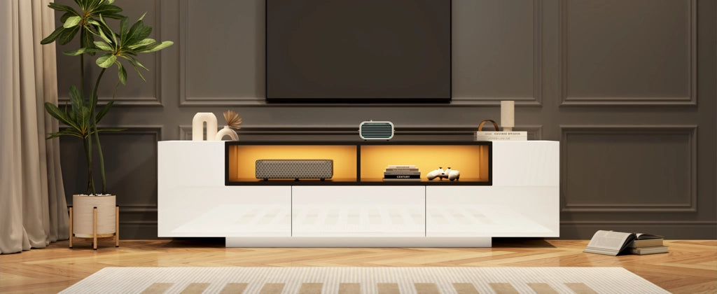 Mobile TV 180x40x48 cm, bianco lucido e nero, con LED, cassetti e design a L. Per TV fino a 75 pollici.