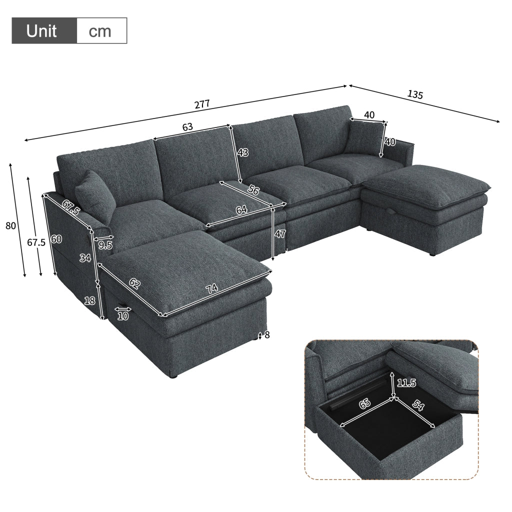 Divano modulare a U o L 6 posti con pouf contenitore, porte USB e Type-C, in cotone e lino grigio, 277×80×135 cm