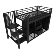 Letto rialzato 90x200 cm in metallo nero con 2 cassetti; guardaroba aperto e LED
