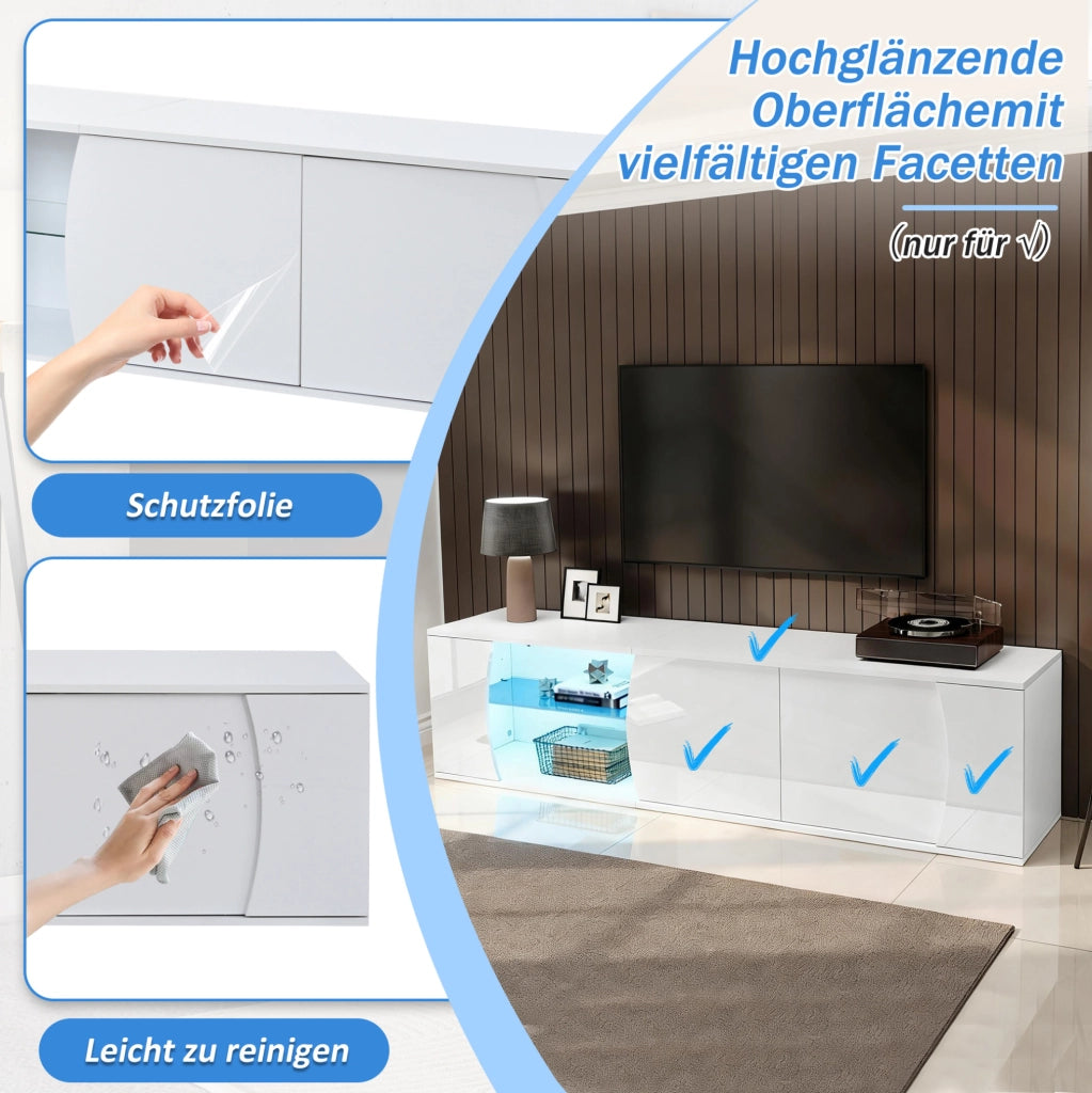 Mobile TV bianco lucido 180 cm con LED, 3 ante e ripiani in vetro