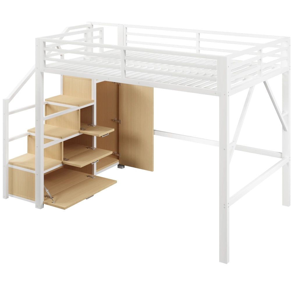 Letto a soppalco 140x200 cm in metallo bianco con armadio; contenitori e luci LED