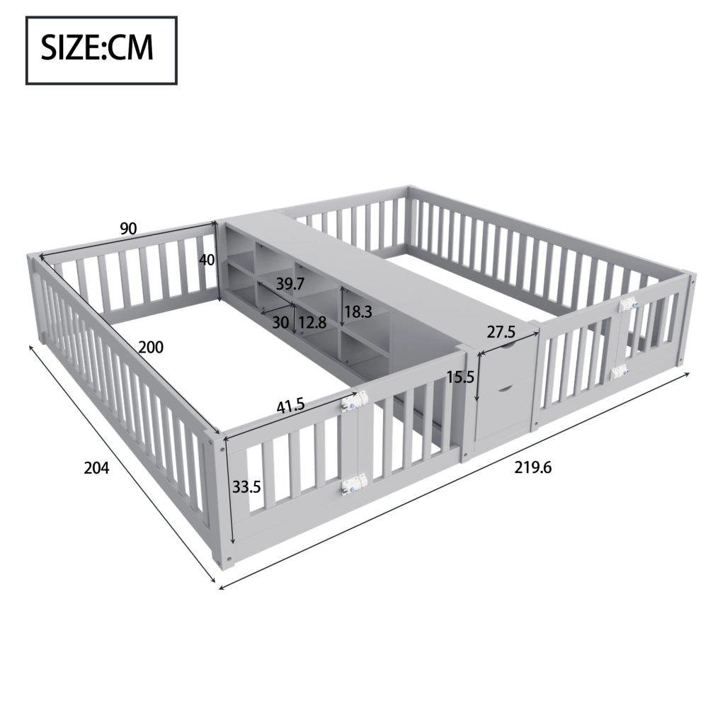 Letto per bambini 2 posti 90 × 200 cm con cassetti, ripiani centrali e sponde alte, senza materasso, grigio