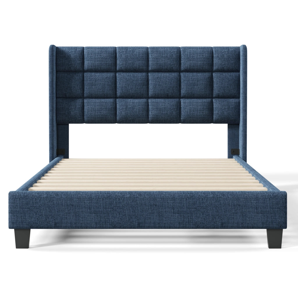 Letto matrimoniale 140x200 imbottito blu in lino con rete a doghe