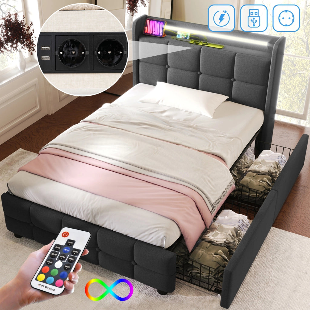 Letto con cassetti 90 × 200 cm con LED prese USB e due cassetti laterali struttura in metallo grigio