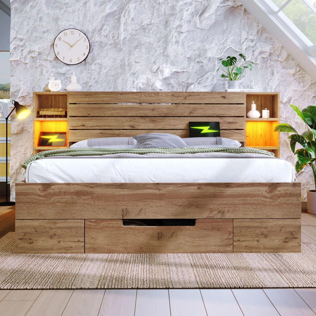 Letto matrimoniale 160 ¡Á 200 cm con rete a doghe in legno e metallo rovere LED USB e USB C con cassetti