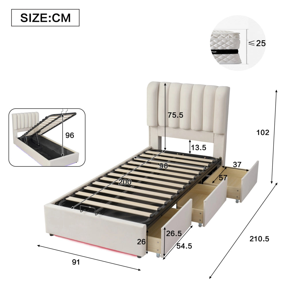 Letto singolo contenitore per bambini 90x200 cm con 3 cassetti e LED in velluto beige HOMVRA