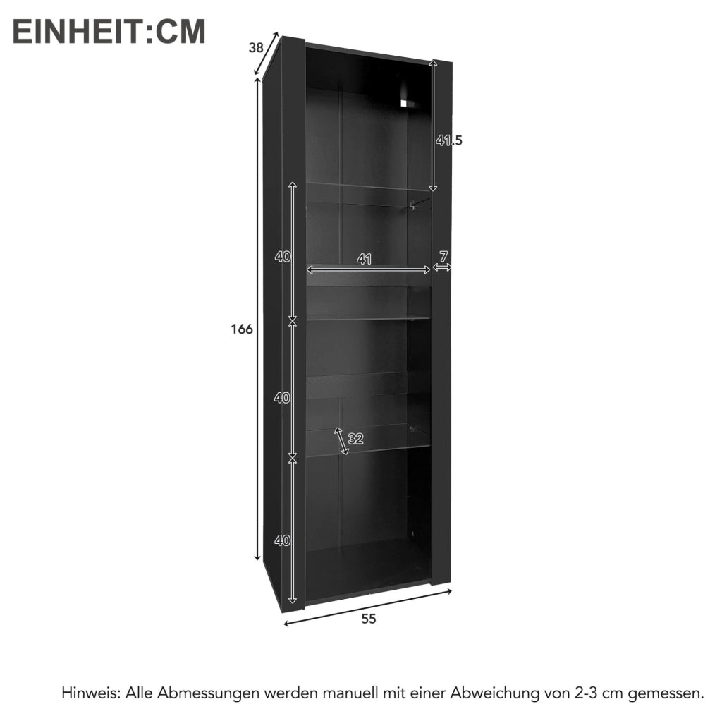Vetrina 55x38x166 cm nera lucida con 3 ripiani in vetro e illuminazione LED via app HOMVRA
