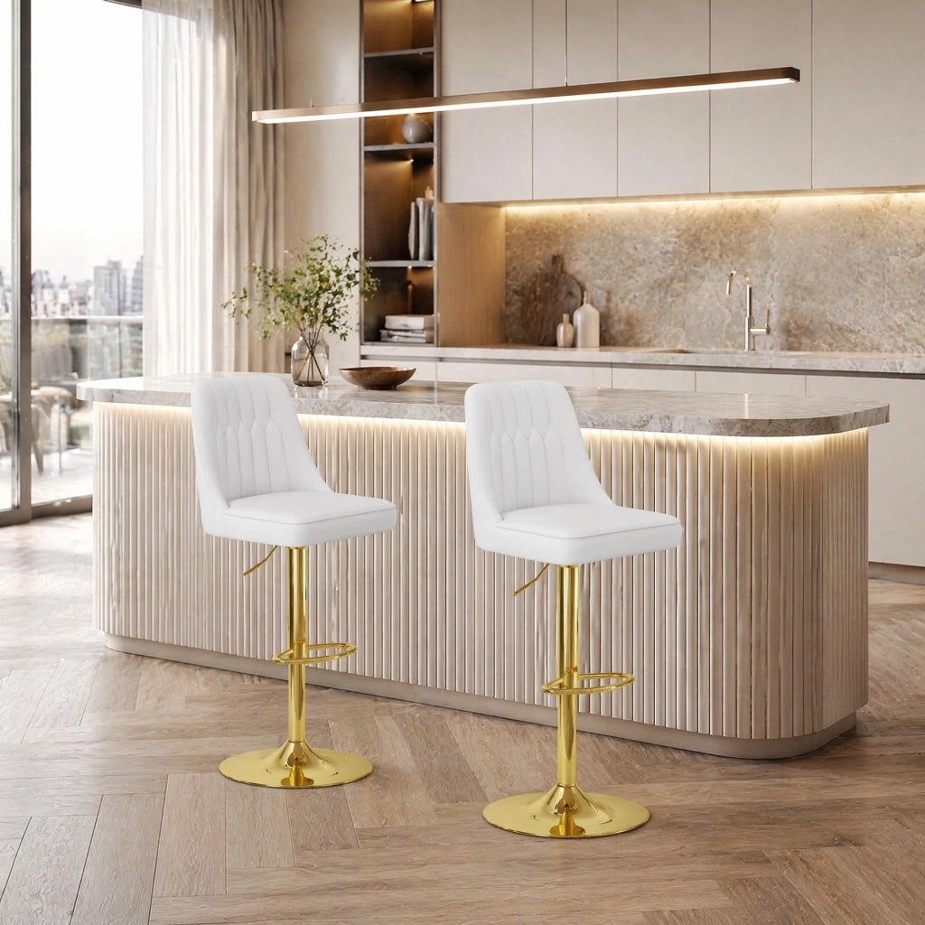 Set 2 sgabelli da bar regolabili e girevoli 360° in PU bianco e metallo dorato HOMVRA