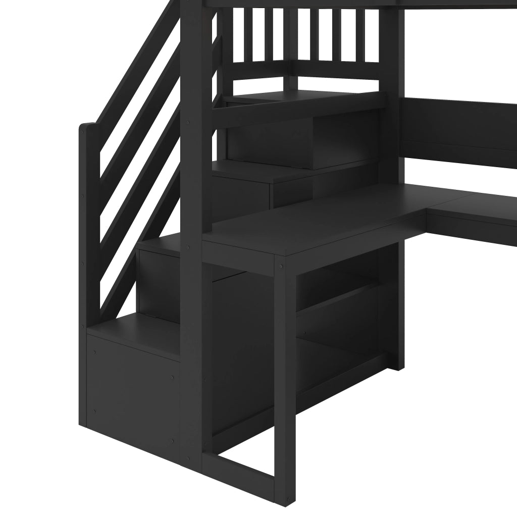 Letto a soppalco 90x200 cm con scrivania integrata; LED e USB; nero