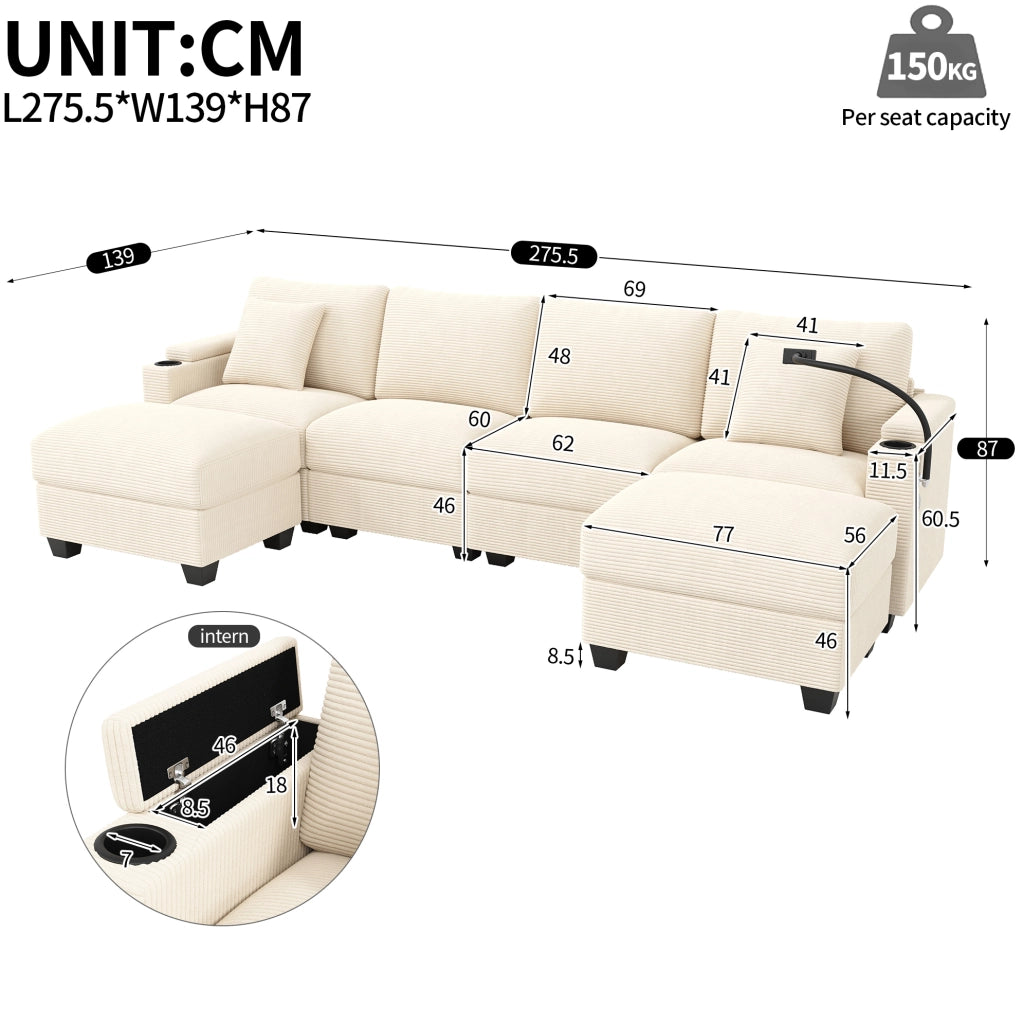 Divano modulare beige in velluto a coste con USB e portaoggetti