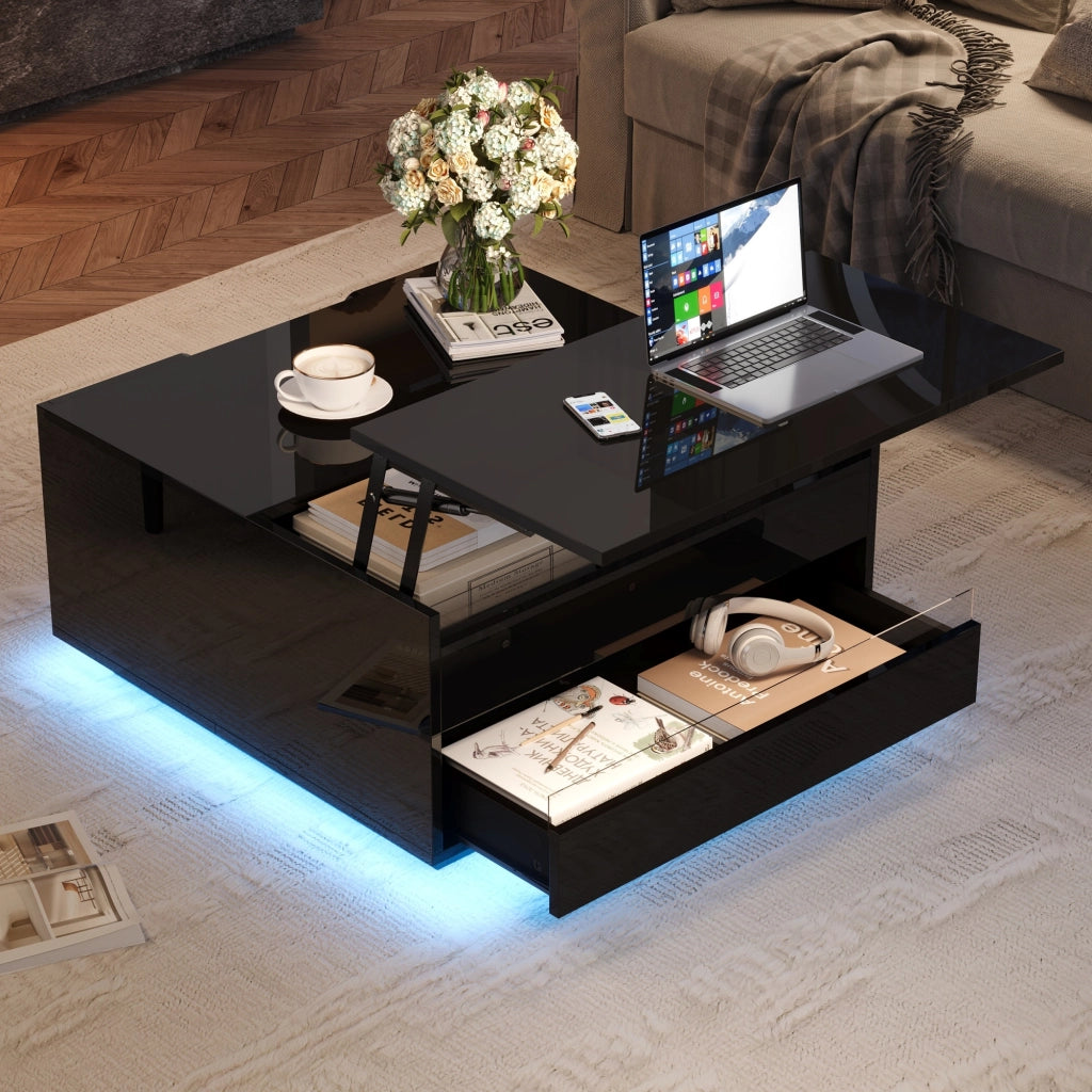 Tavolino da salotto elevabile con LED, cassetto e vano nascosto, finitura lucida nera in truciolare, 70 × 70 × 38 cm