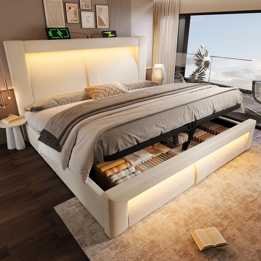Letto matrimoniale-Xylo-160x200cm idraulico LED USB-C velluto beige