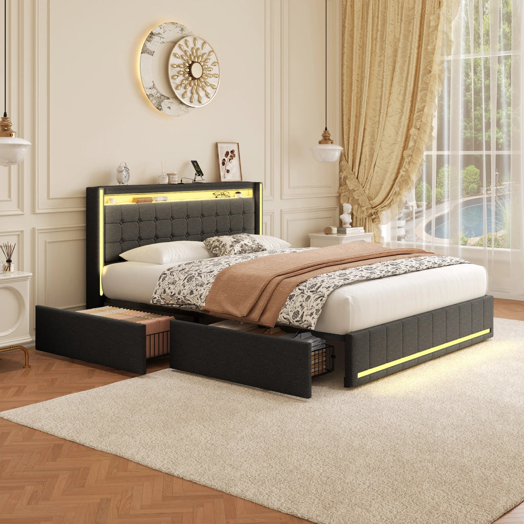 Letto matrimoniale 160x200 cm con LED; 4 cassetti e USB; grigio scuro