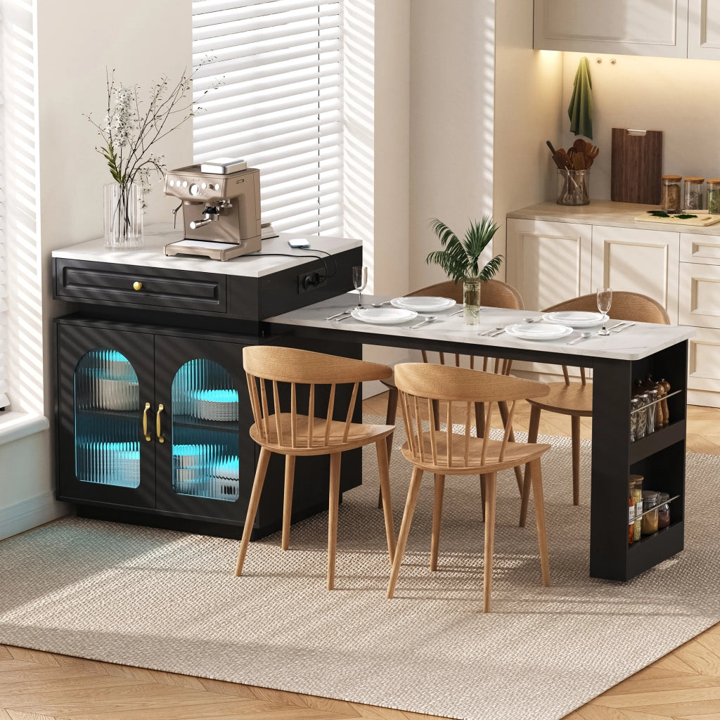 Isola Cucina con Ruote e Tavolo da Pranzo Allungabile; Tavolo Bar con Prese e LED; Nero