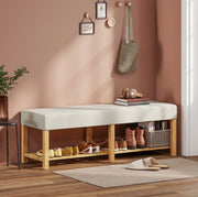 Panca portascarpe da ingresso 140 cm in legno di gomma con cuscino crema e vano aperto