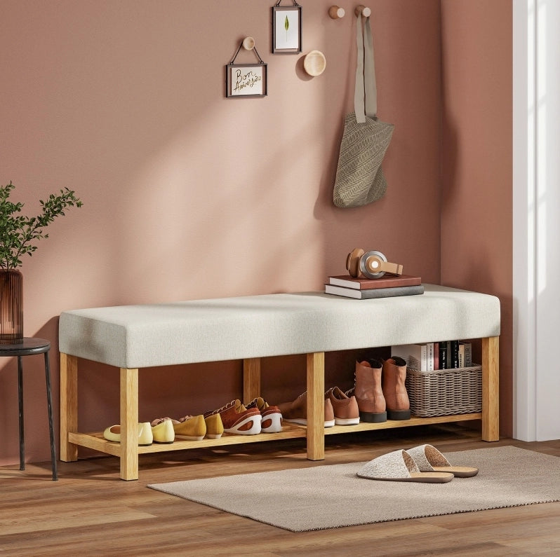 Panca portascarpe da ingresso 140 cm in legno di gomma con cuscino crema e vano aperto