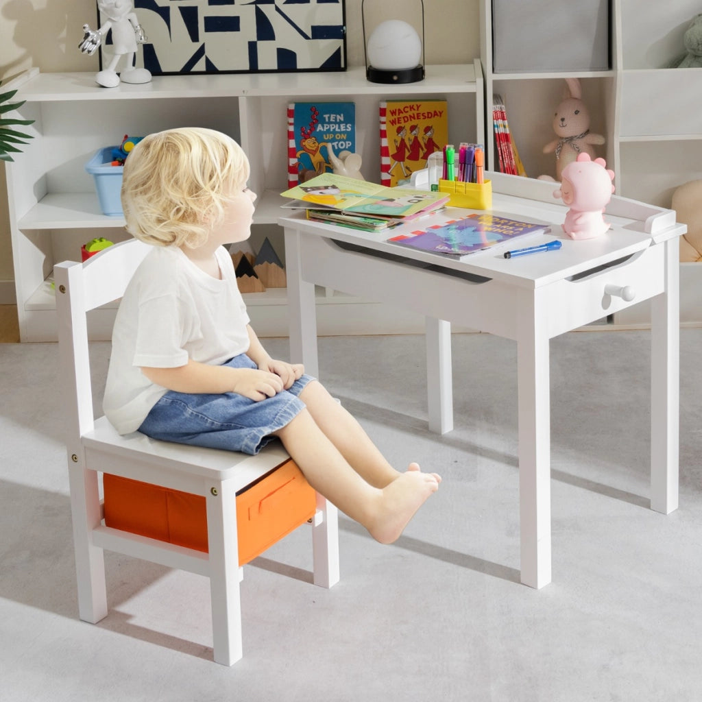 Set tavolo e sedia per bambini in legno massello, Scrivania ribaltabile con sedia per stanza giochi asilo Bianco