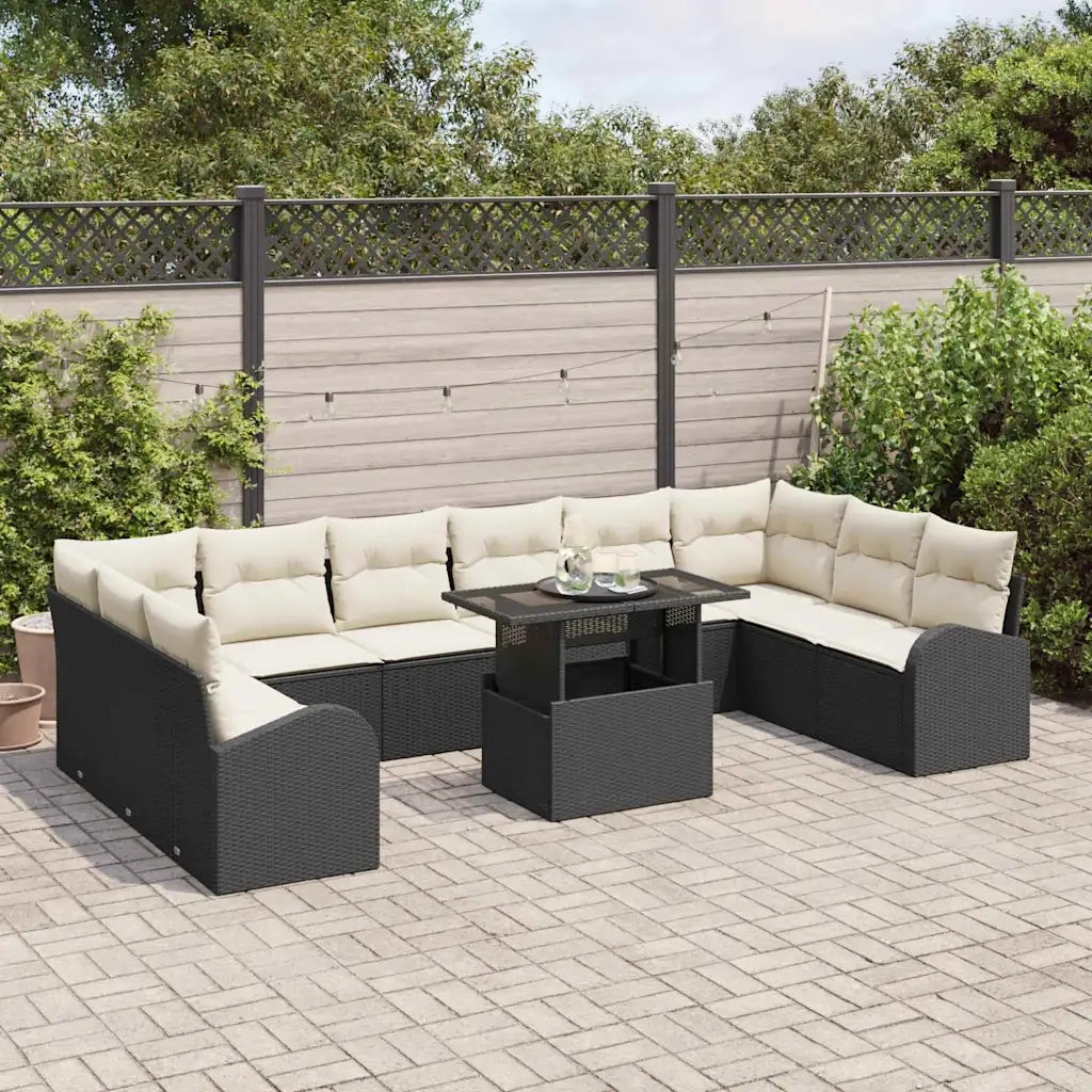 Set Divano da Giardino 11 pcs Nero e crema polyrattan