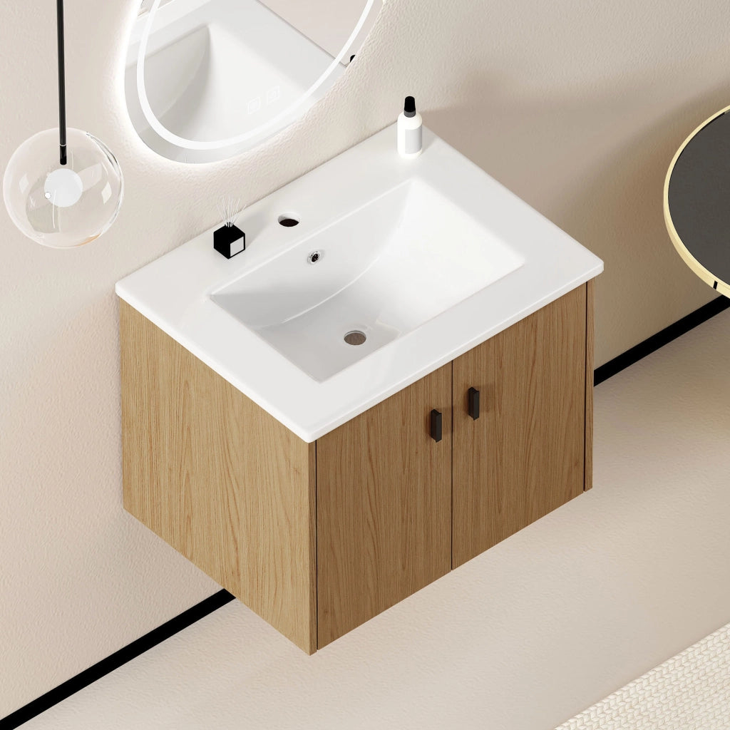 Mobile bagno 60 cm rovere chiaro, ampio spazio contenitivo con 2 ante a chiusura morbida