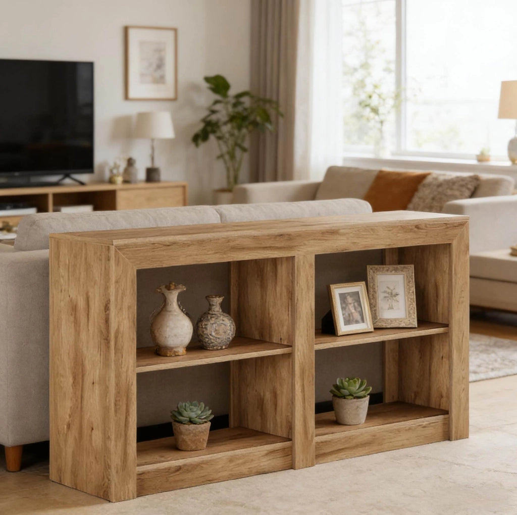 Tavolo consolle 150x35x85 cm con 3 ripiani aperti e 4 vani in MDF marrone