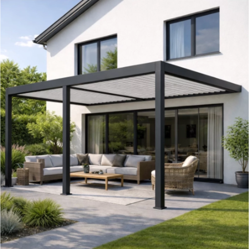 Pergola bioclimatica motorizzata Ombréa 4x8M addossata – Antracite e Bianca