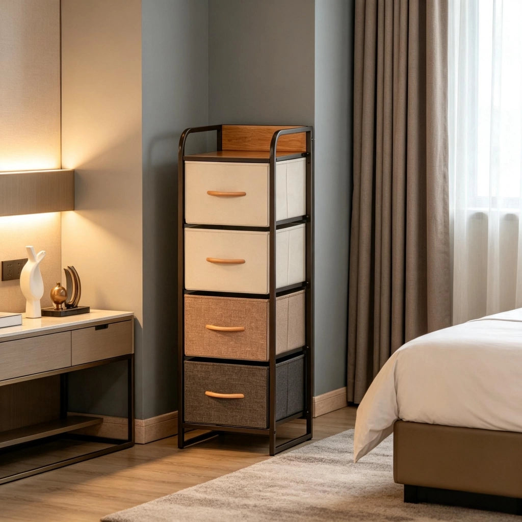 Cassettiera con 4 cassetti pieghevoli in tessuto; struttura in acciaio e MDF; beige e marrone; 31 × 29 × 99 cm
