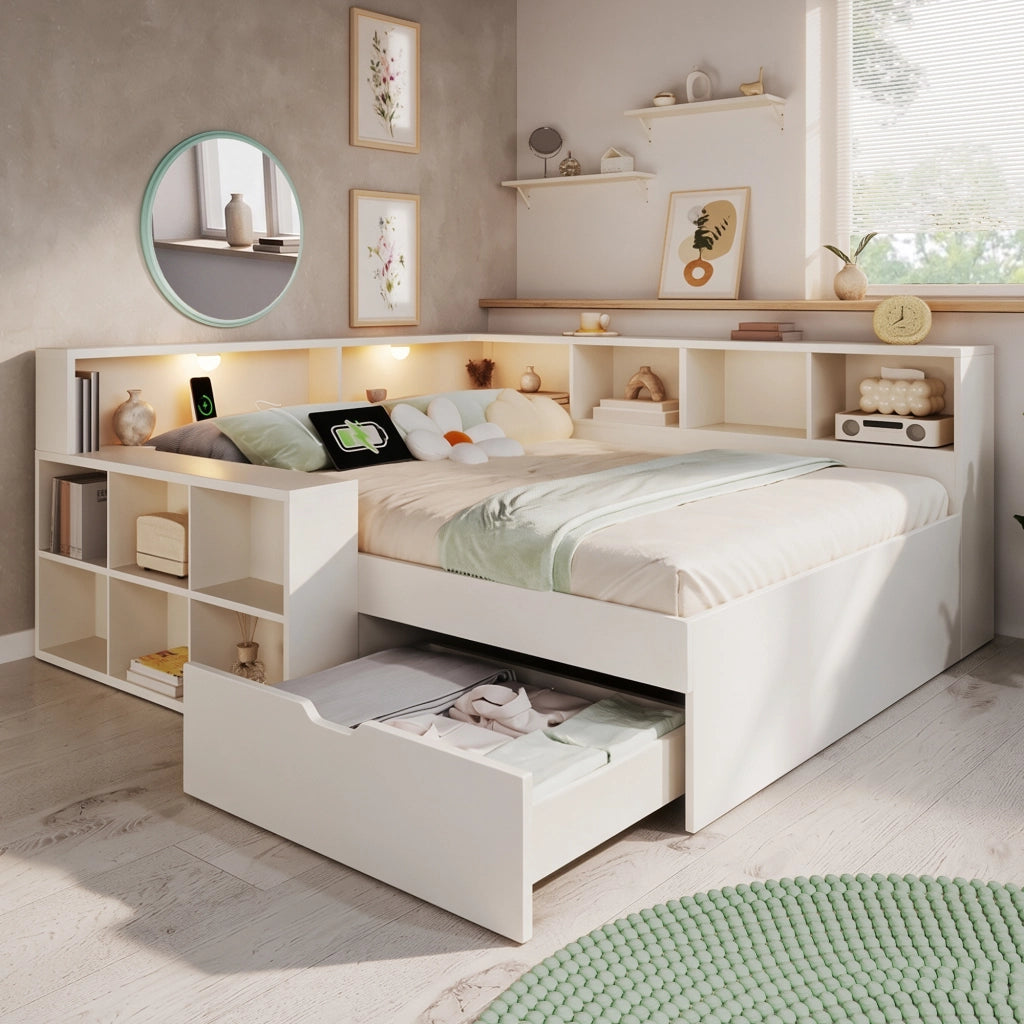 Letto 140x190 cm con vani portaoggetti; luci e porte di ricarica in legno bianco