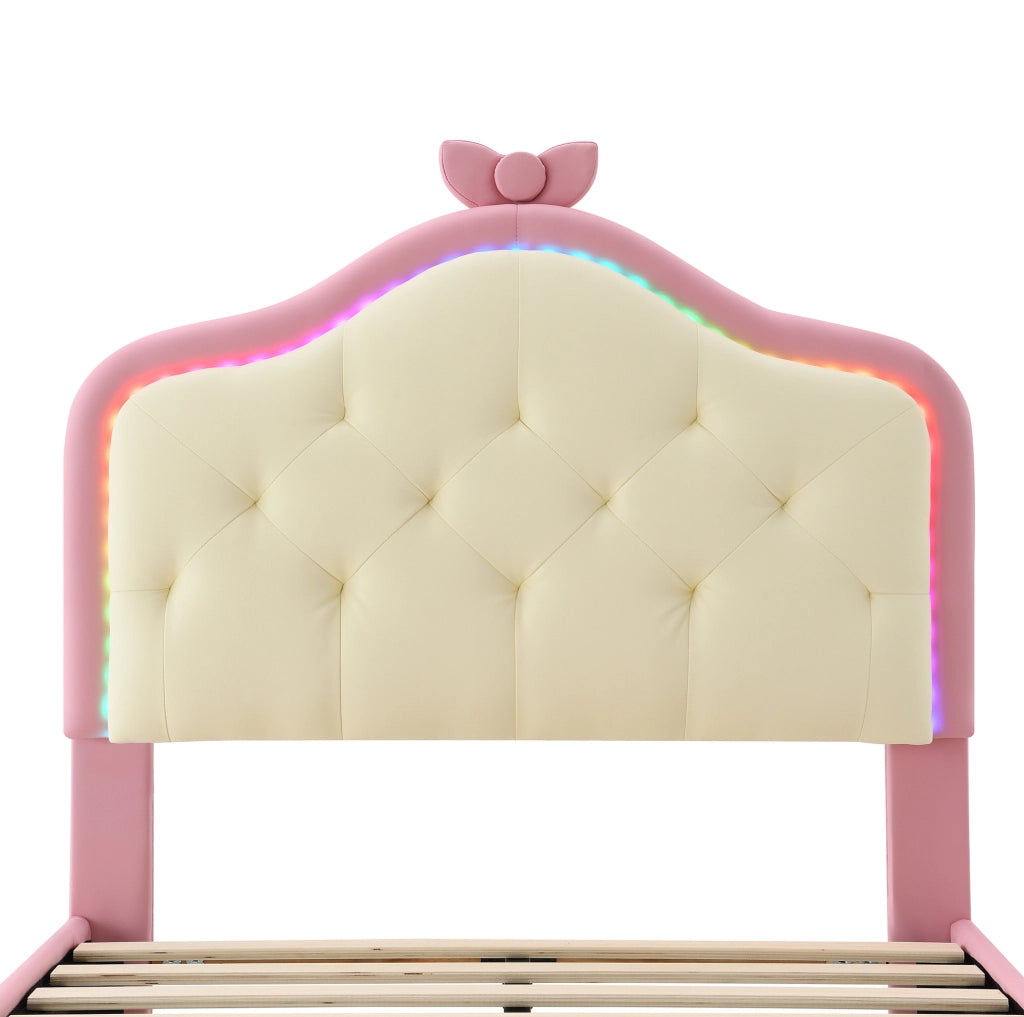 Letto singolo imbottito 90x200 cm rosa e bianco con LED multicolore